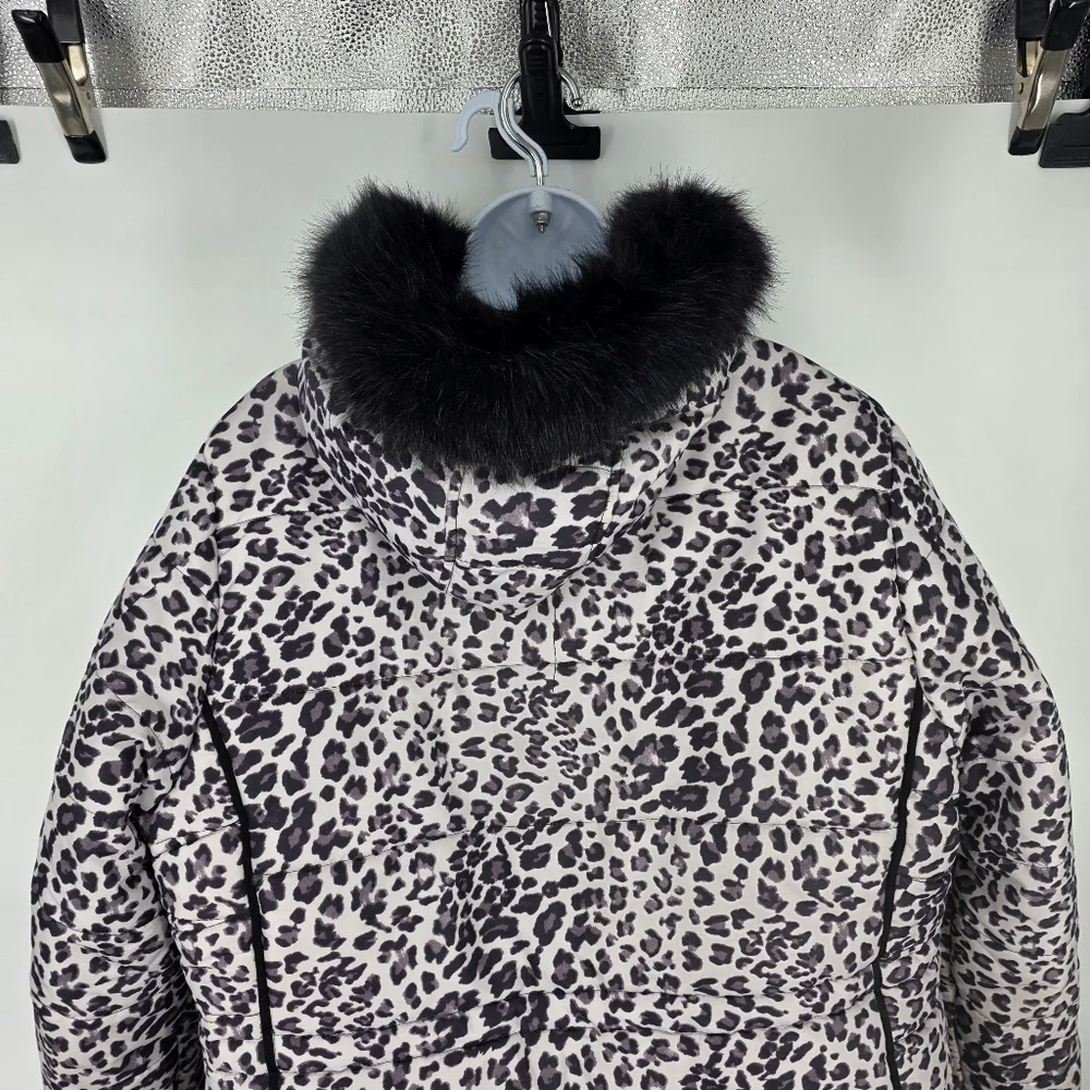 INTL DETAILS Leopard Puffer Coat Womens 1X Black Faux Fur Hood Winter Jacket - Picture 4 of 9